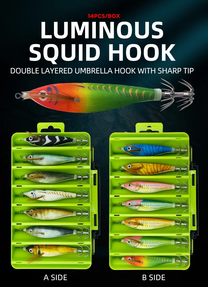 ShareShark Angelköder 14 Stück Holzkrebs Leuchtender Tintenfisch-Köder 3D-Auge Harter Köder Angelzubehör – Detail 1