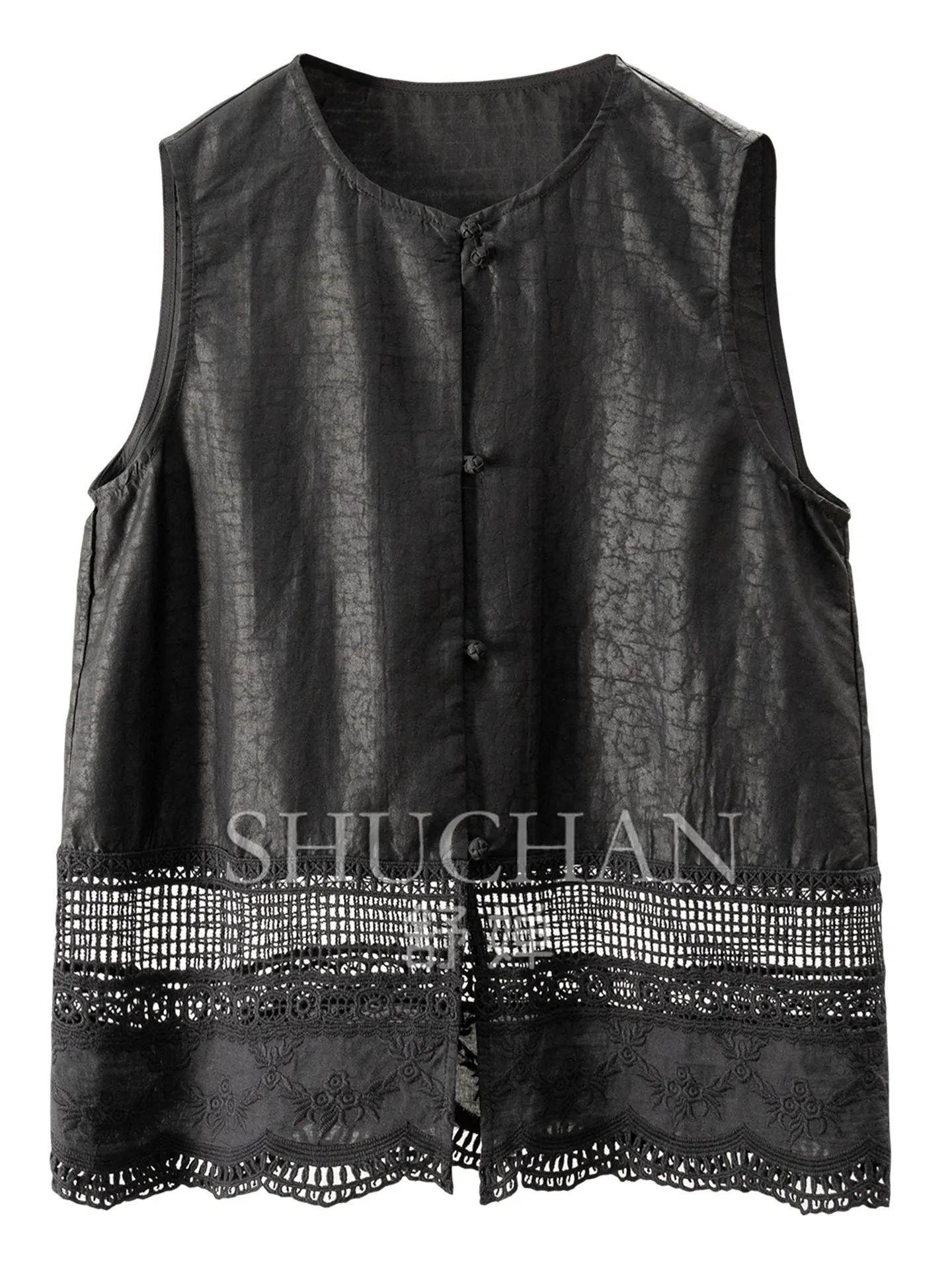 New Chinese Style Is So Beautiful, Heavy Silk Fragrant Cloud Yarn Spell Hollow Lace Buckle Vest Female 72L4
