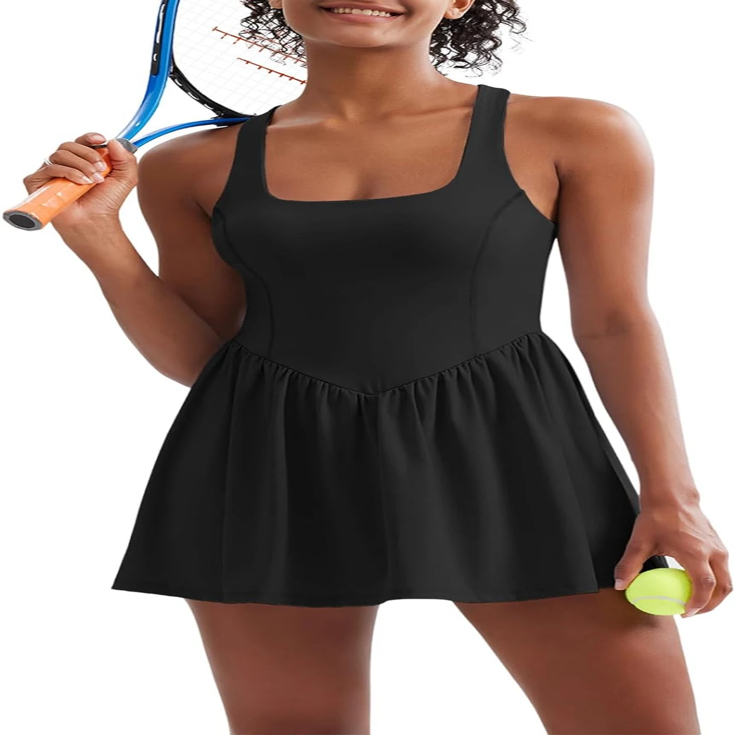 Elegante vestido de tenis atlético sexy para mujeres activas: vestido de golf y entrenamiento sin mangas con cuello cuadrado con pantalones cortos y sujetador incorporados