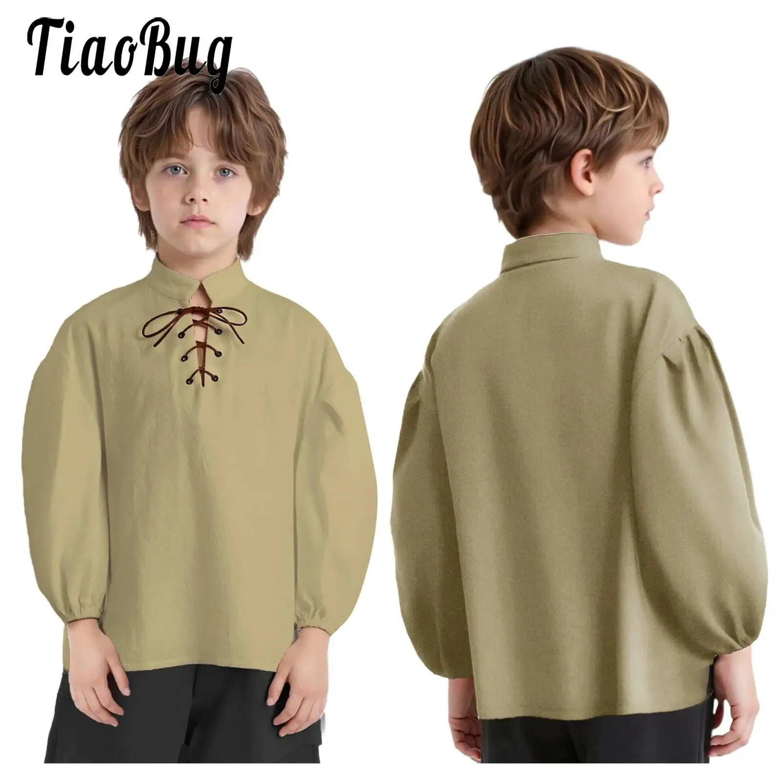 Chemise de pirate médiévale pour enfants garçons, Costume de la Renaissance Viking, col montant, t-shirt à manches longues, haut pour fête sur le thème d'halloween