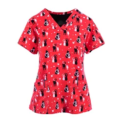 3d Printed Animal Nursing Uniform Women Pocket Work Blouse Shirt Therapist Short Sleeve V-neck Scrub Tops Carer Healthcare Tunic