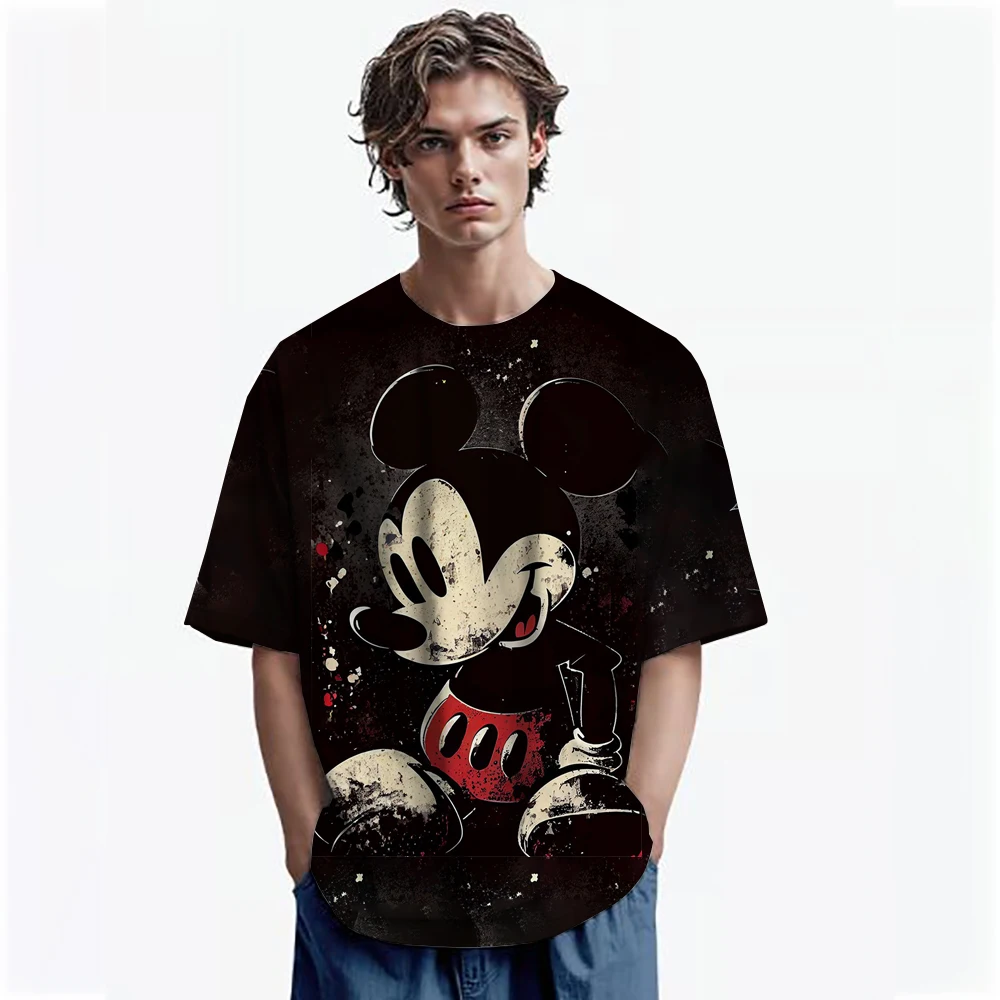 2025 Disney Men's T-shirt Mickey Mouse 3D Printed Short Sleeve Oversized T-shirt Men's and Women's T-shirt Disney Clothing