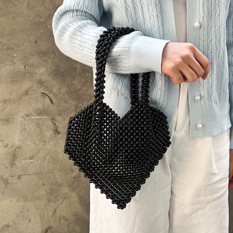 

Solid Color Heart Fashion Pearl Bead Handbag - Heart-Shaped Unique Design, Simple Casual Style, Handheld Carry Bag