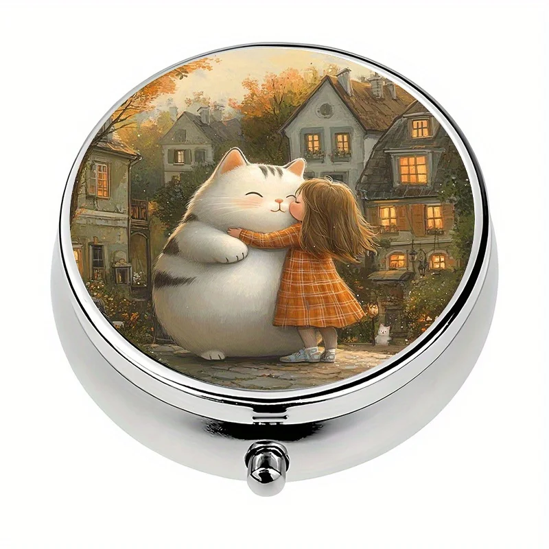 1 Pill Box with 3 Compartments, Cute Cat Girl Autumn Town Scene Pill Box, Mini Pill Container, Pill Organizer, Perfect for Travel and Storing Vitamins