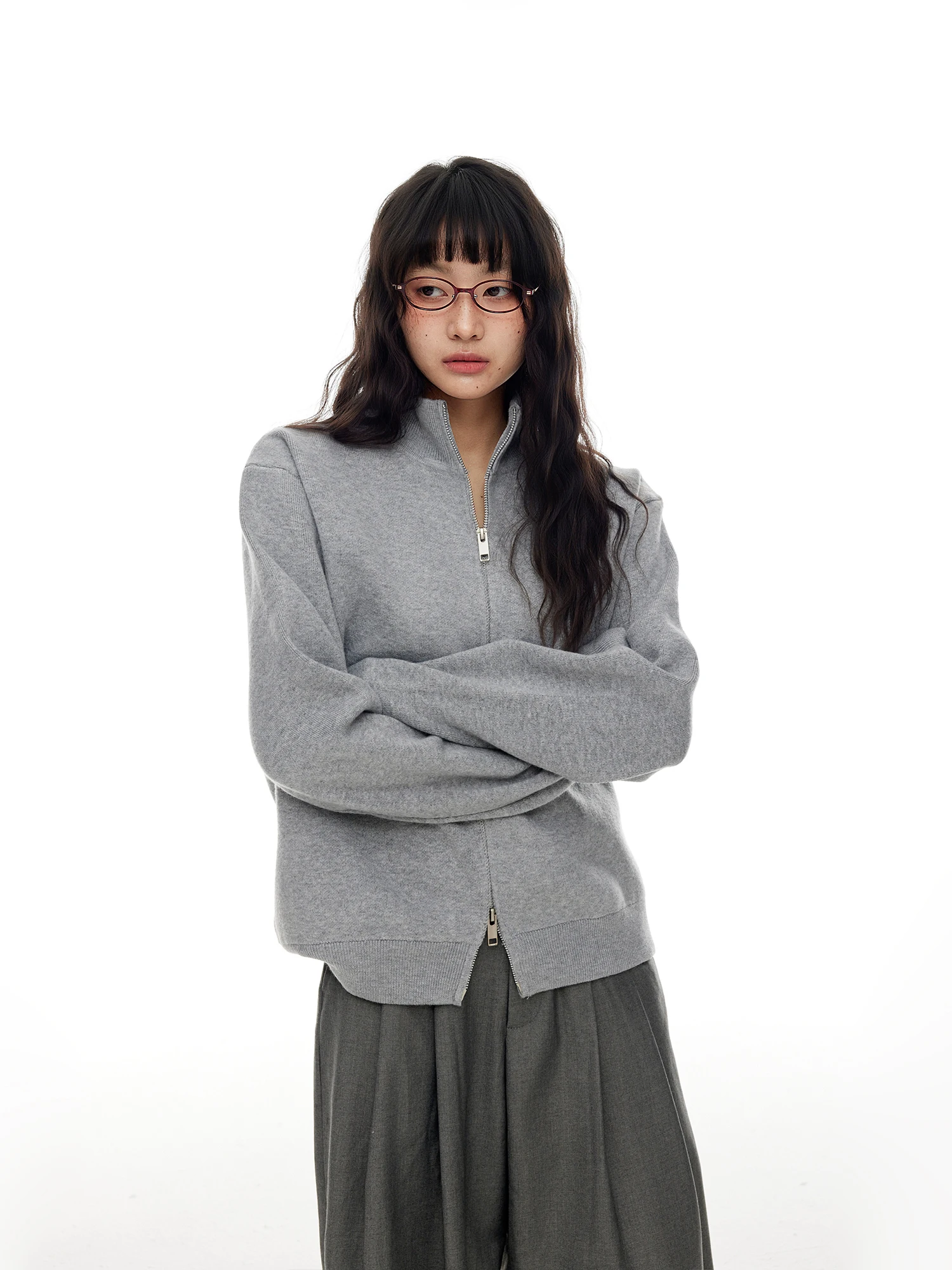 

Ретро-кардиган на молнии с воротником-стойкой, женский повседневный свободный крой, открытый кардиган, верхняя одежда, весна 2026, новинка