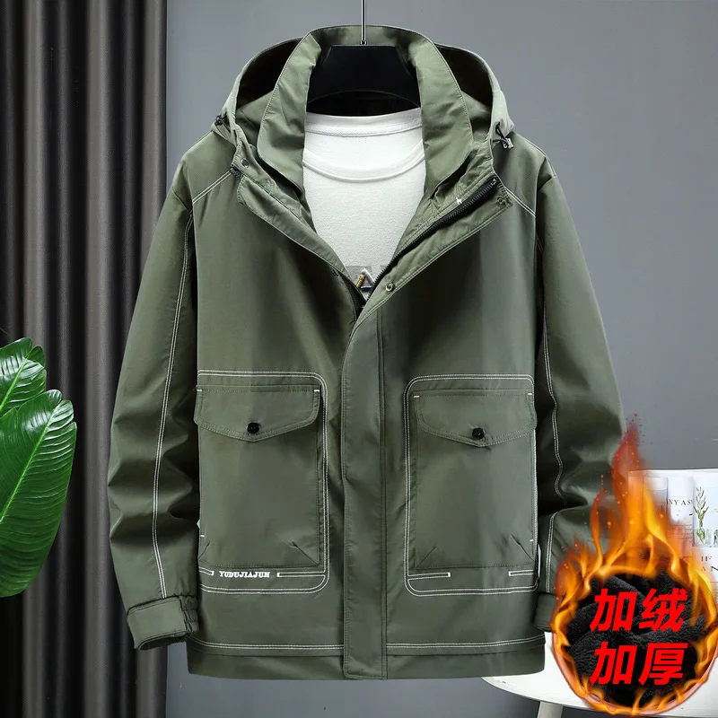 Winter New Plus Size Casual Men's Jacket 10XL160KG  Fashion Plush Thickened Solid Pocket Work Jacket Embroidery Coat