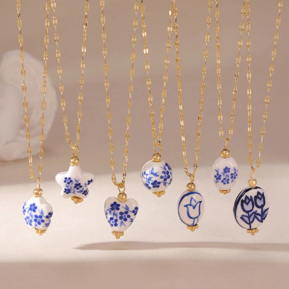 Vintage Blaue Keramik Anhänger Halskette Frauen Schlüsselbein Zubehör Aussage Herz Edelstahl Kette Halsketten Trend Schmuck