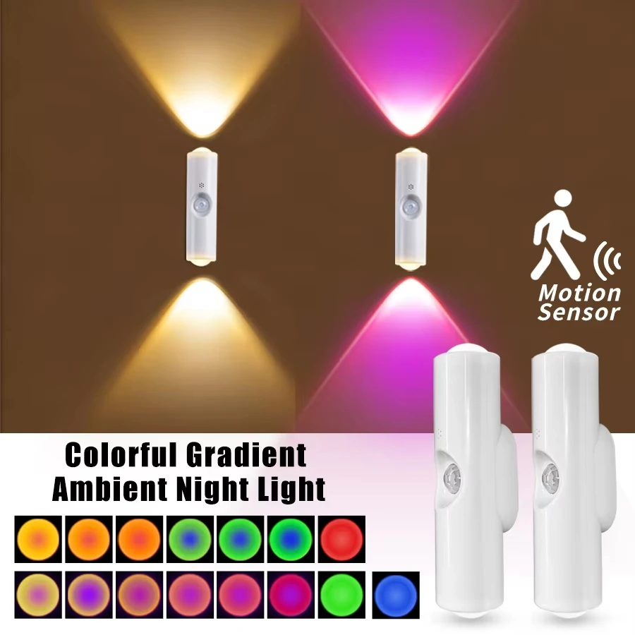 Luz Noturna Magnética com Sensor de Movimento, Luz de Parede Inteligente RGB de Duas Cabeças, Holofote Recarregável para Quarto, Armário, Jardim e Decoração de Ambientes