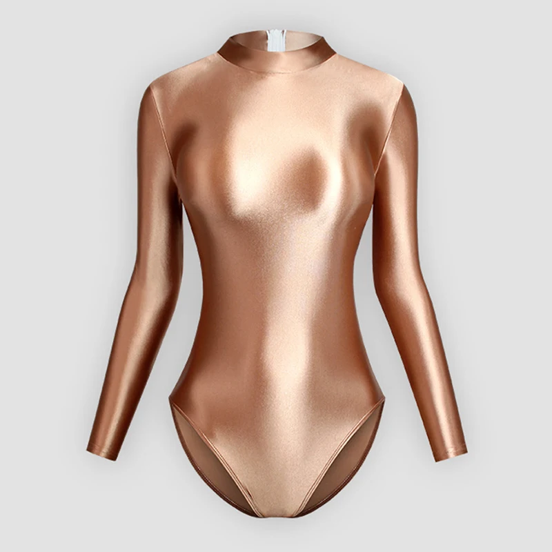 Women Long Sleeve Tight Glossy Dance Jumpsuit Bodysuit Yoga Solid Shaped Practice Rhythmic Gymnastics Leotard Swimsuit Dancewear