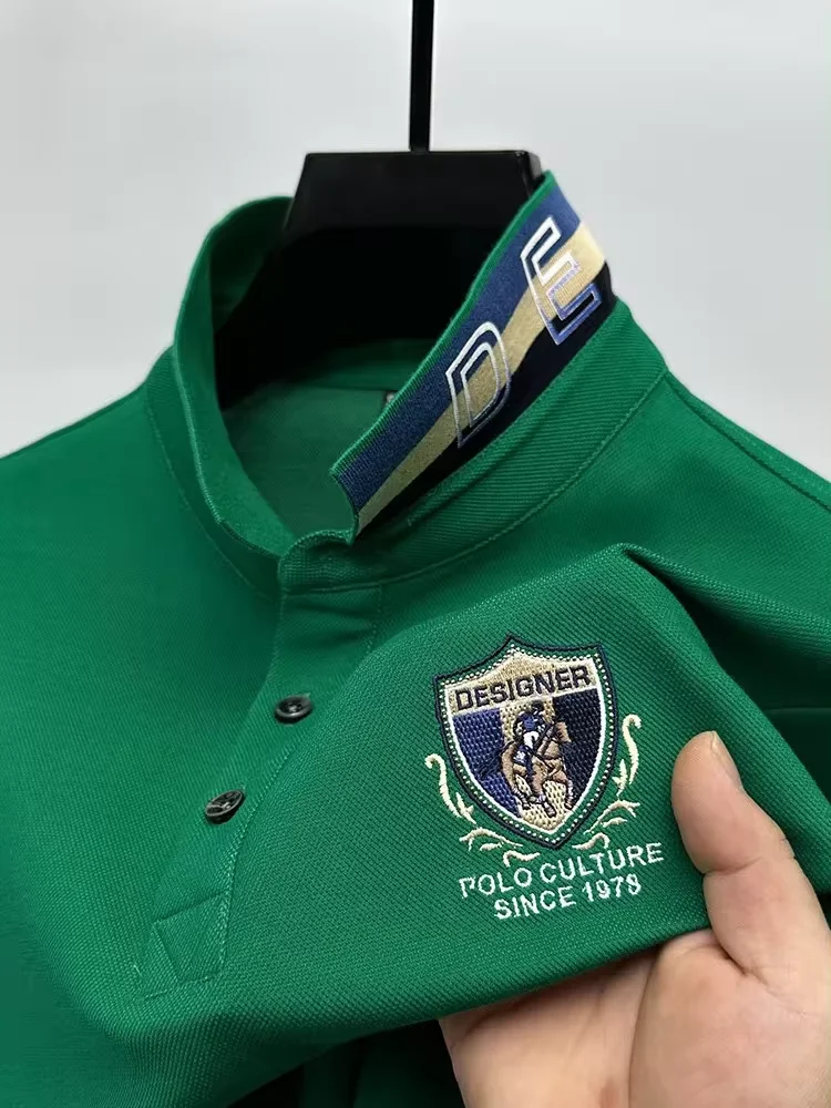 High end luxury silk cotton short sleeve POLO shirt men\'s summer fashion brand embroidered T-shirt cool wrinkle resistant top