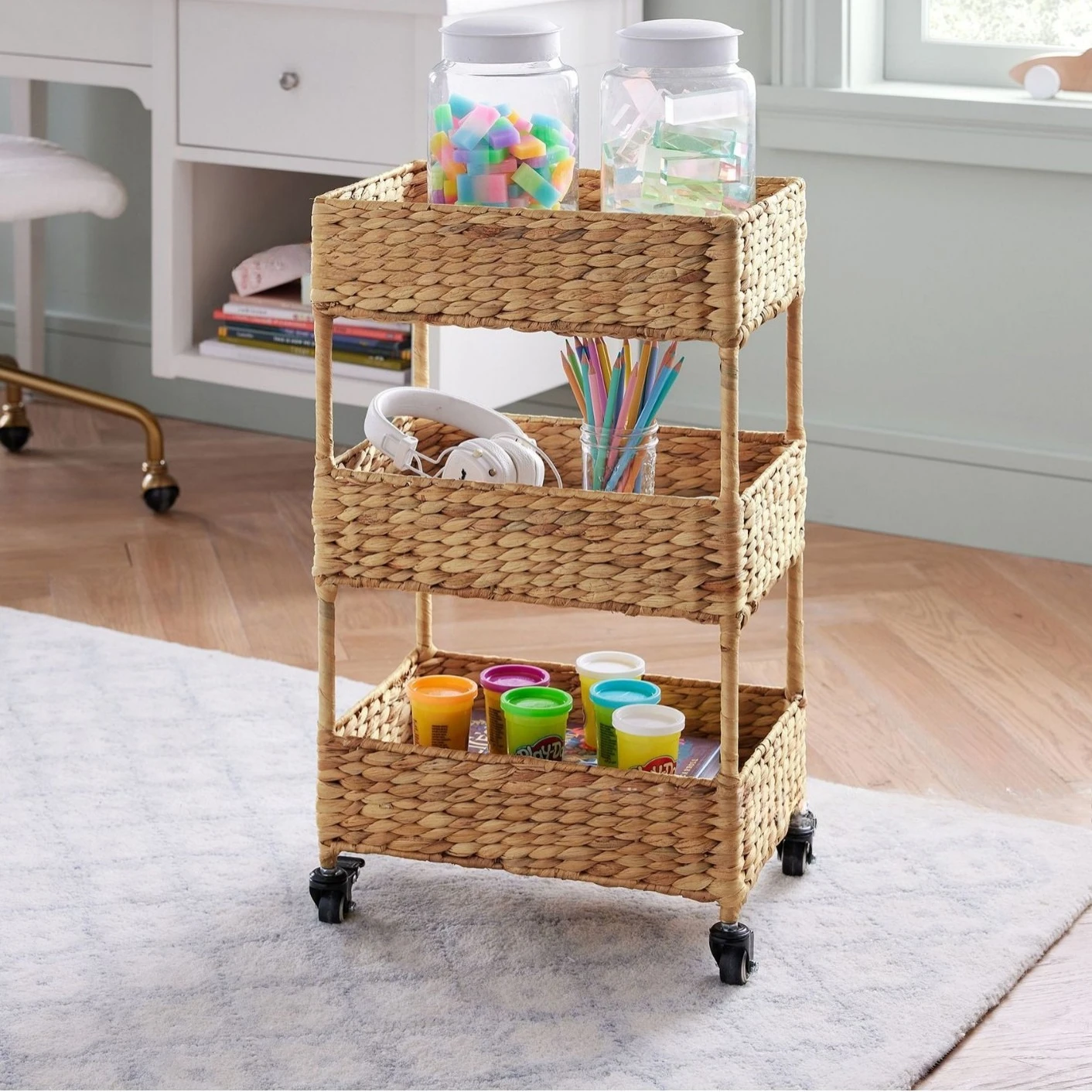 Nordic style wheeled straw weaving storage rack, miscellaneous items, handmade storage rack, multi-layer