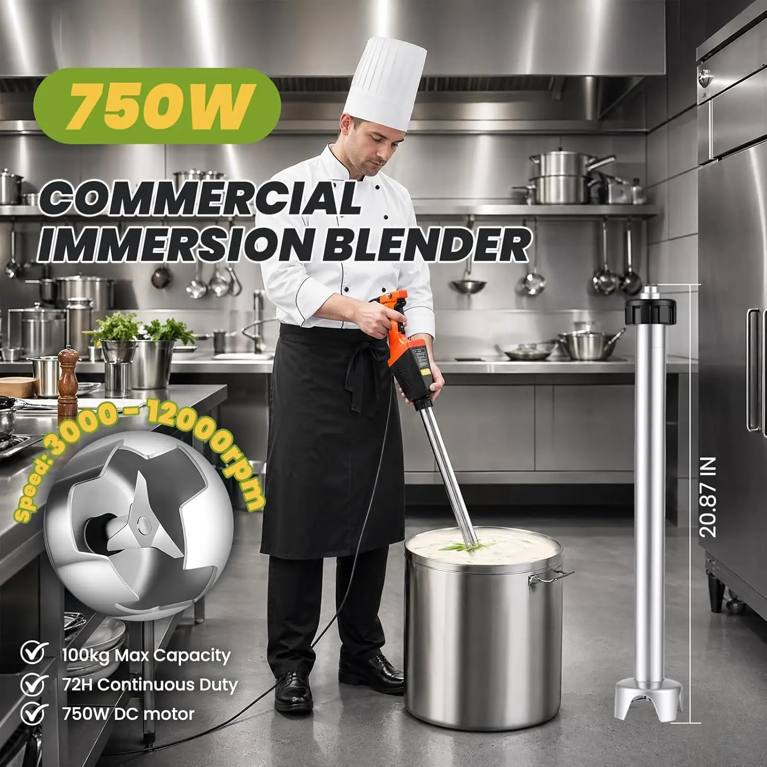 Commercial Immersion Blender, 750W Brushless DC Variable Speed Motor, 12000 RPM Heavy Duty Hand Mixer, 21