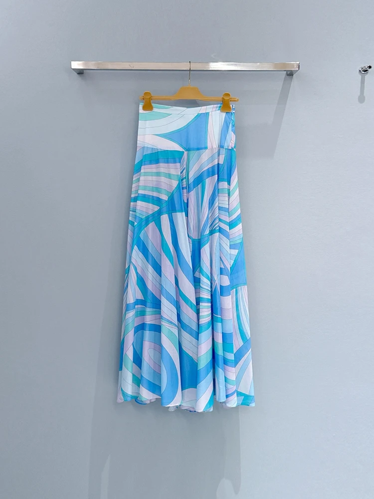Summer Fashion Beach Style Elegant Slim Geometric Print Long Skirt Women's Middle Waist A-Line Big Swing Vintage Long Skirt