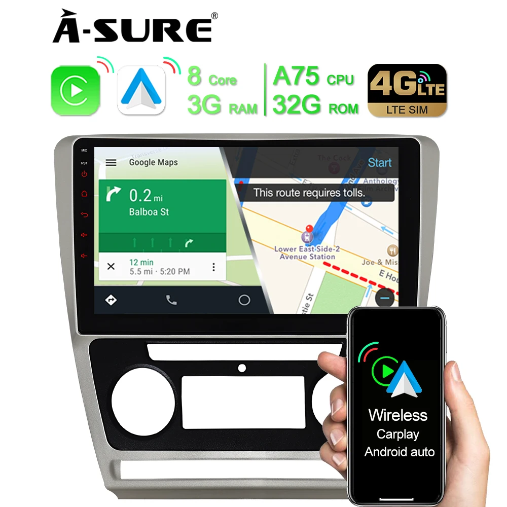 A-Sure 2 Din 10.1 Inch Android 10 Wireless CarPlay Car Radio 8 Core 3+32GB DPS GPS Navigation For Skoda Octavia II MK2 2004-2013