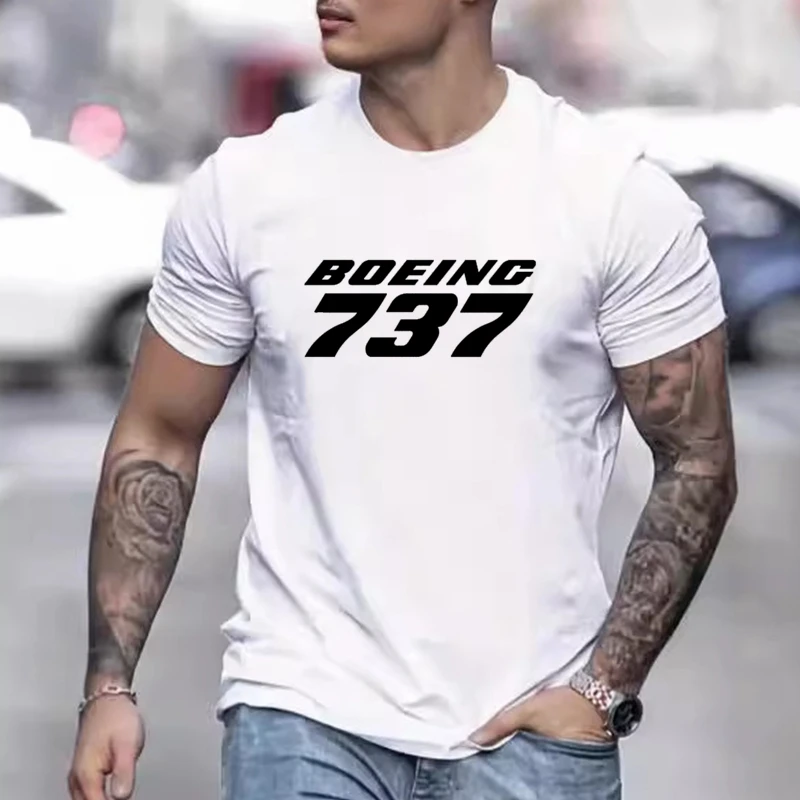 2024 Summer Men's New Tops Hip Hop Short Sleeve Personalized Fashion Boeing 737 Printed Round Neck Daily Casual T-Shirt