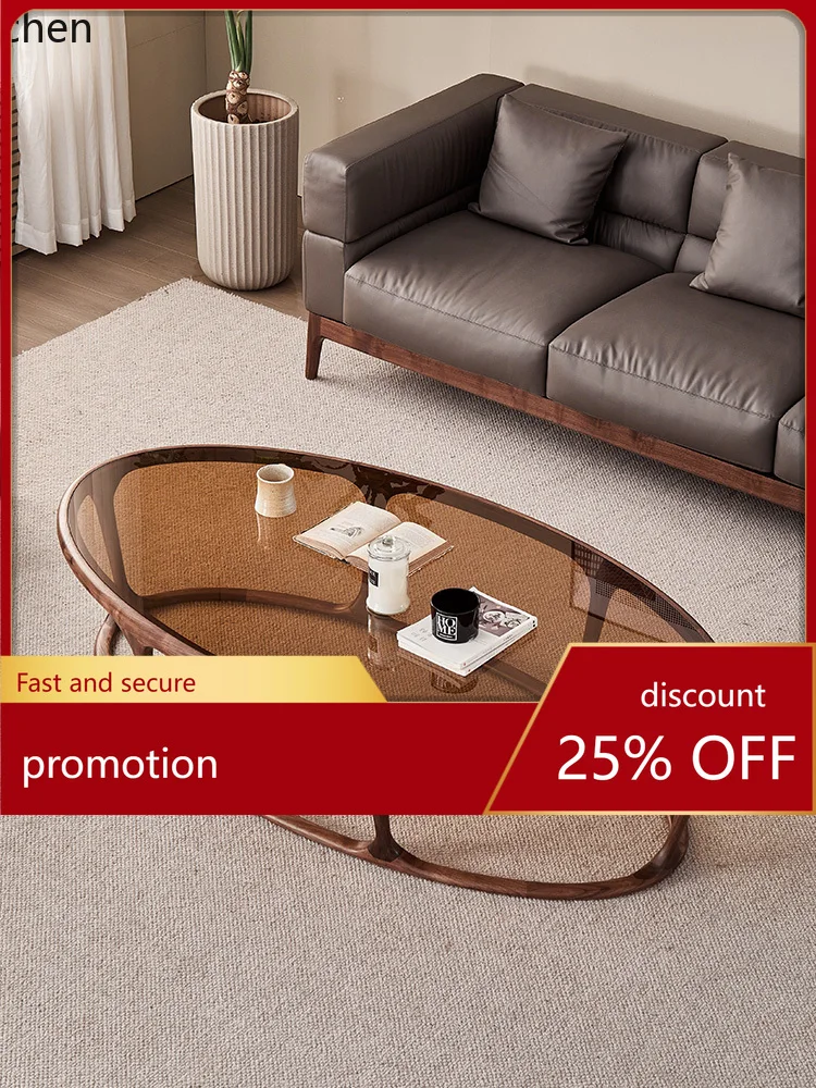 YFY Walnut Oval Glass Coffee Table Living Room Log Minimalist Solid Wood Stone Plate