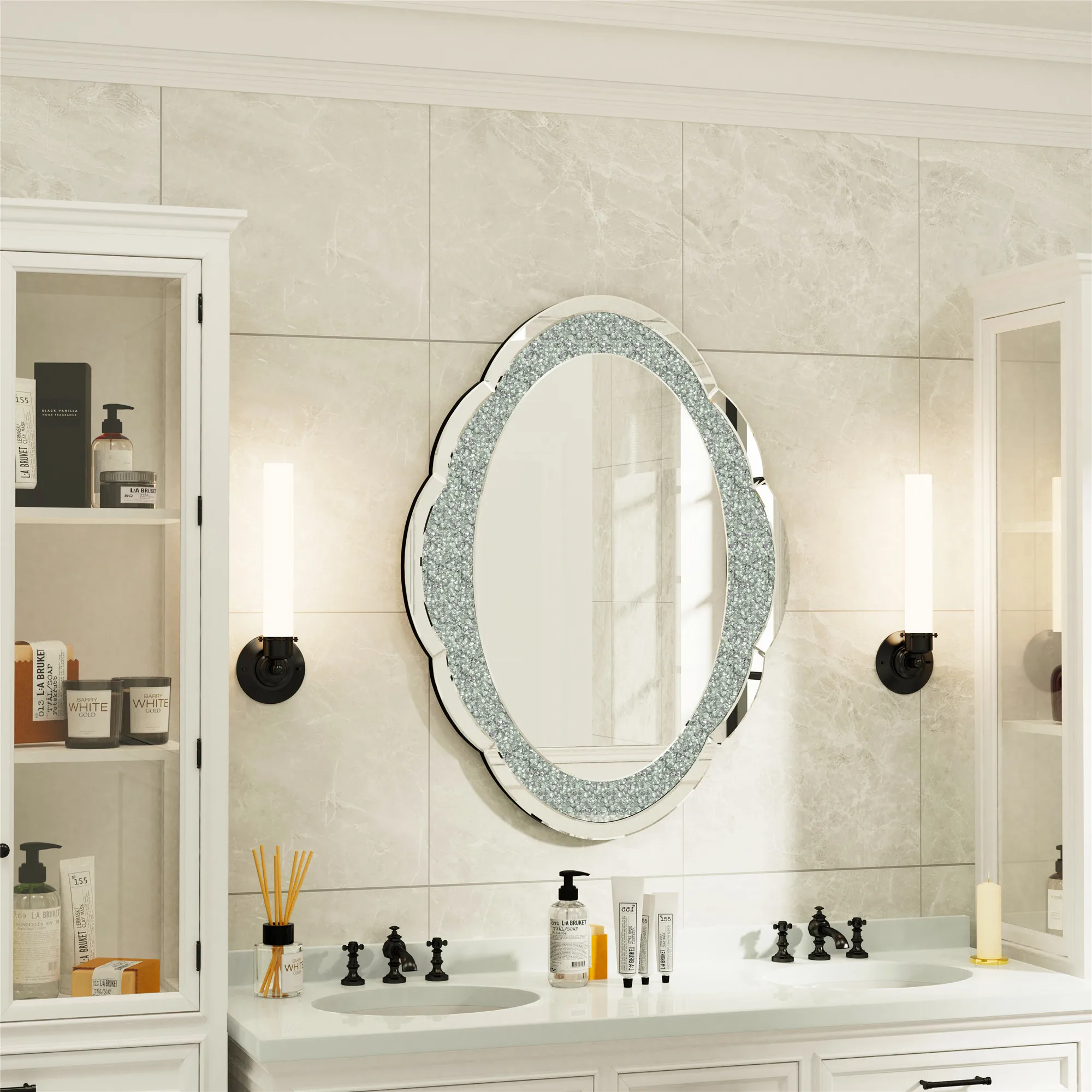 

24"x32" Silver Wall Mirror Crush Diamond Elegant Artistic Cloud-shape 5mm Thick Wall Mirror for Hallway Bathroom Bedroom