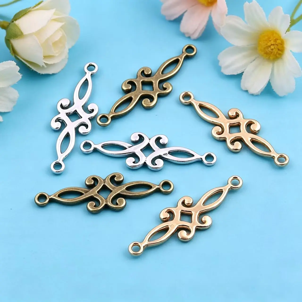 20Pcs/Lot 9*29mm 3 Color Hollow Flower Connectors Charms Pendants for DIY Jewelry Handmade Necklace Bracelet Making Accessorie