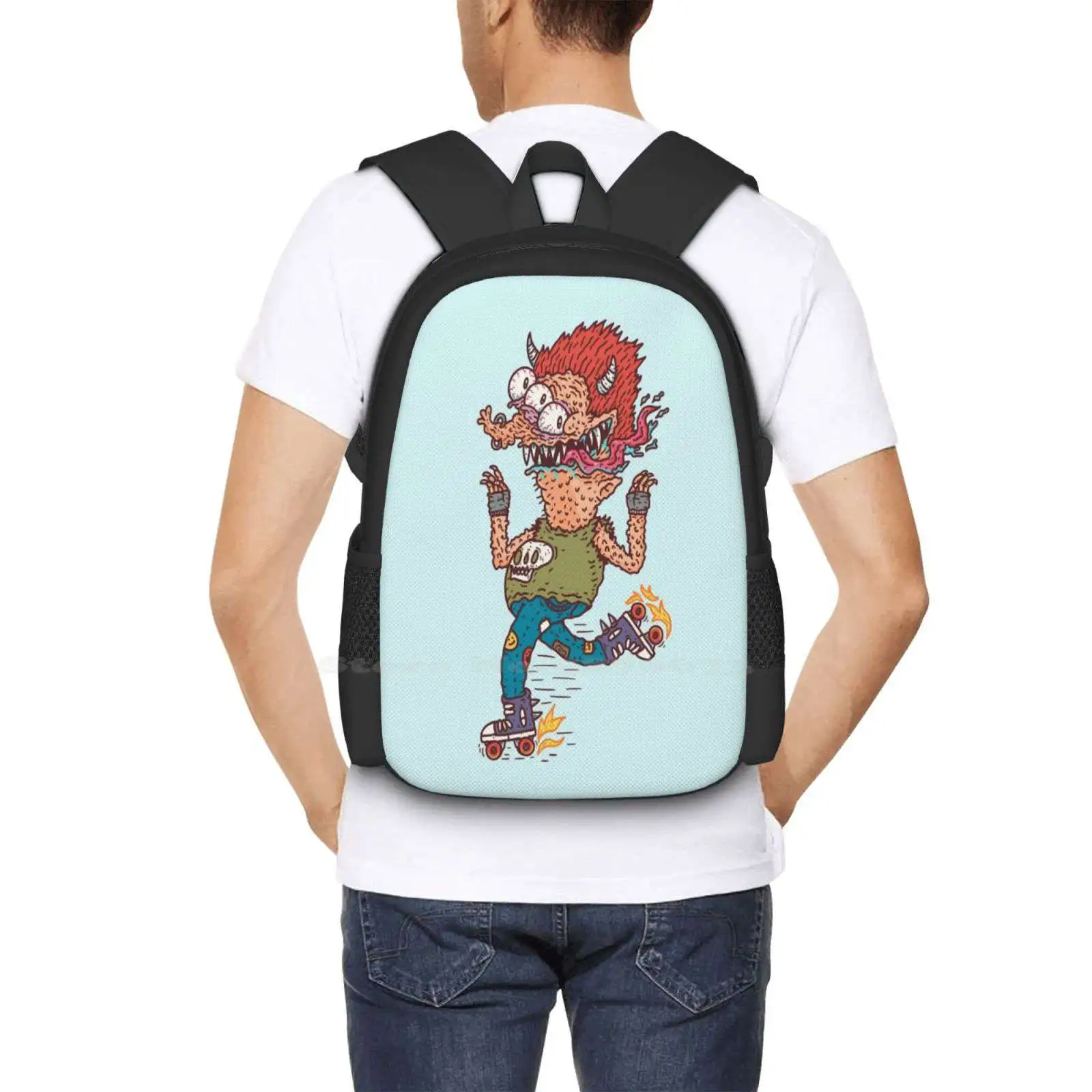 Rollerskater Bag Backpack For Men Women Girls Teenage Doodle Cartoon Cute Funny Monster Horror Creepy Creature Halloween