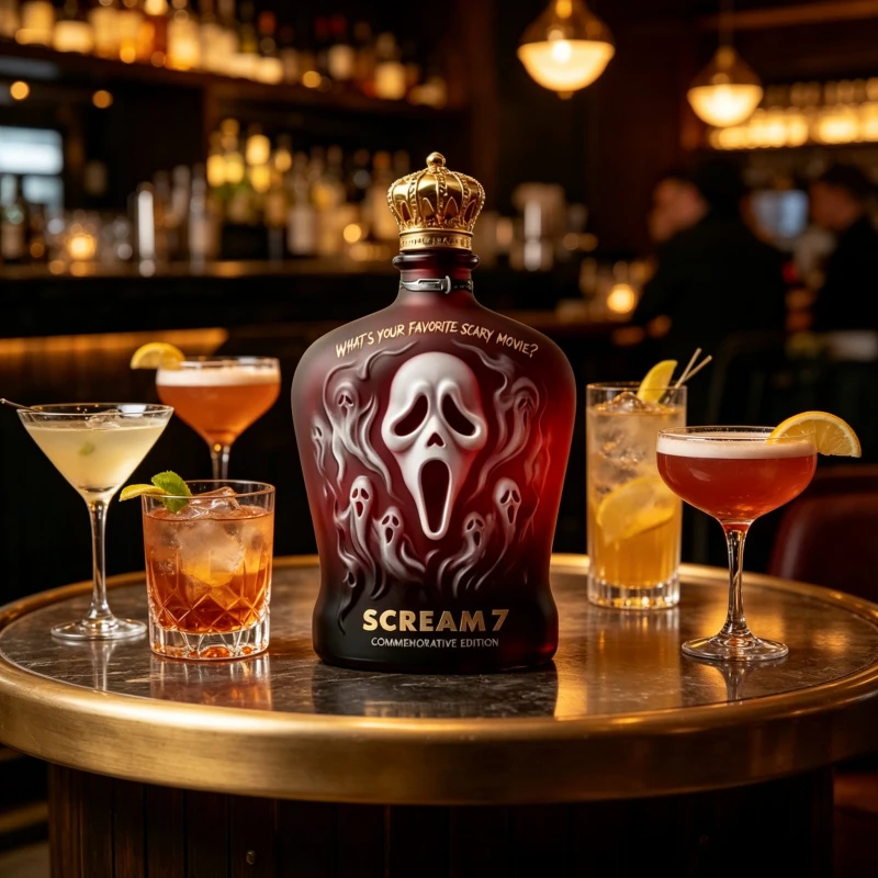 Image of Scream Gedenk-Glasflasche, Ghostface Horrorfilm Sammler-Dekanter, Kronkorken-Likörflasche für Bar-Dekoration Geschenk