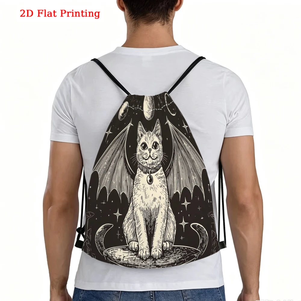 Gothic Style, Drawstring Backpack, 2D Flat Printing Winged Cat Pattern, Fitness Sports Backpack, Outdoor Travel Drawstring Bag