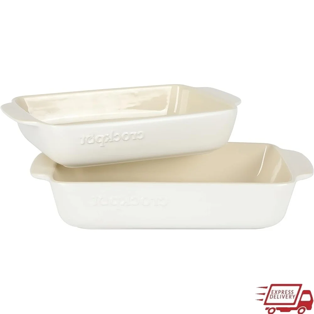 

Durable Stoneware Bakeware Set 2 Piece Rectangular Oven Safe Easy Clean 3.5QT 2.5QT with Wide Handles