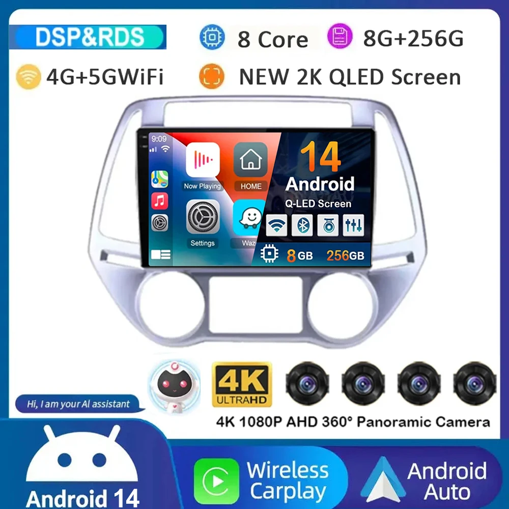 

Автомагнитола Carplay, Android 14, Wi-Fi + 4G, для Hyundai i20 2008-2014, стерео, GPS, мультимедийный видеоплеер, 2 Din, DVD, 360, камера, BT