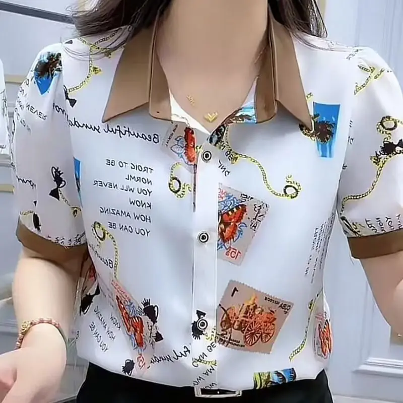 2024 Summer New Korean Version Polo-Neck Button Printed Spliced Short Sleeve Casual Versatile Fashion Commuter Shirt Tops