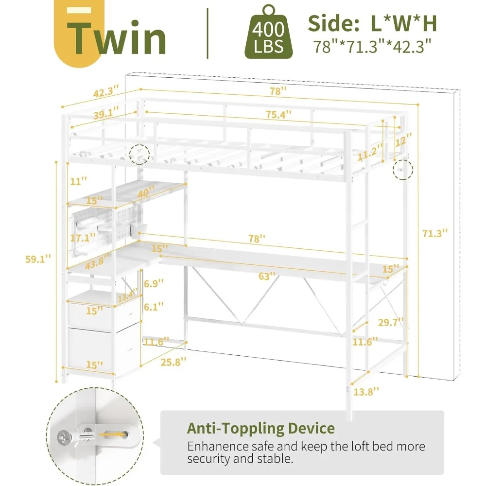 Cama alta tamanho duplo, cama alta dupla de metal com mesa, estação de carregamento e proteção de segurança, estrutura de camas loft LED com 2 gavetas de armazenamento