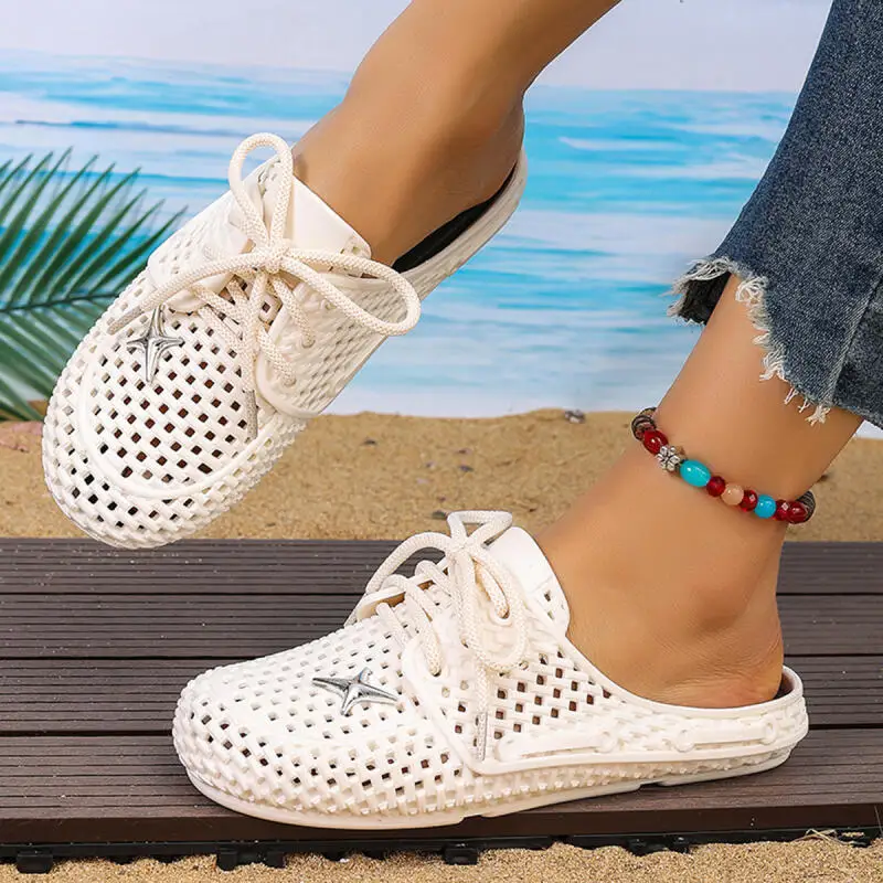 Breathable Hollow Out Mules Slippers Women Summer 2026 Lace Up Bowknot Decoration Clogs Woman's Waterproof EVA Beach Sandals