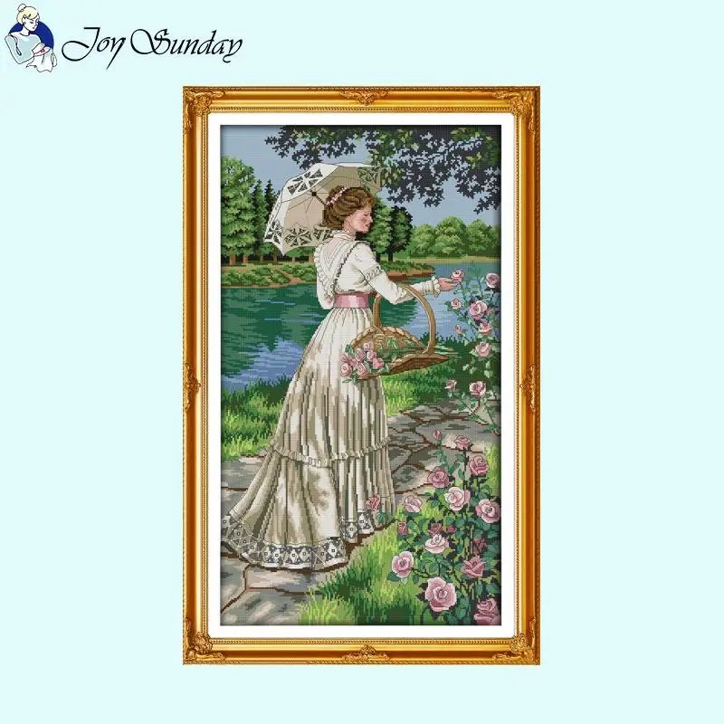 Flower Picking Beauty DIY Character Cross Stitch Embroidery Aida 14CT16CT 11CT White Canvas Printed Fabric Needle and Thread Kit