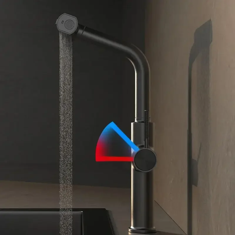 Brass Gray Bathroom Basin Faucet Pull Out Hot and Cold Mixer Sink Tap Multi-function Nozzle Kitchen Faucet Waterfall Tap