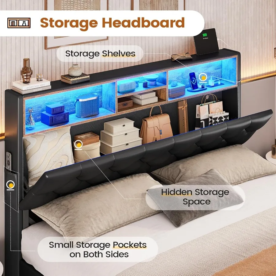 Queen Bed Frame with 4 Drawers and Hidden Storage Headboard Featuring LED Lighting Built-in Charging Station Upholstered Design - Image 5