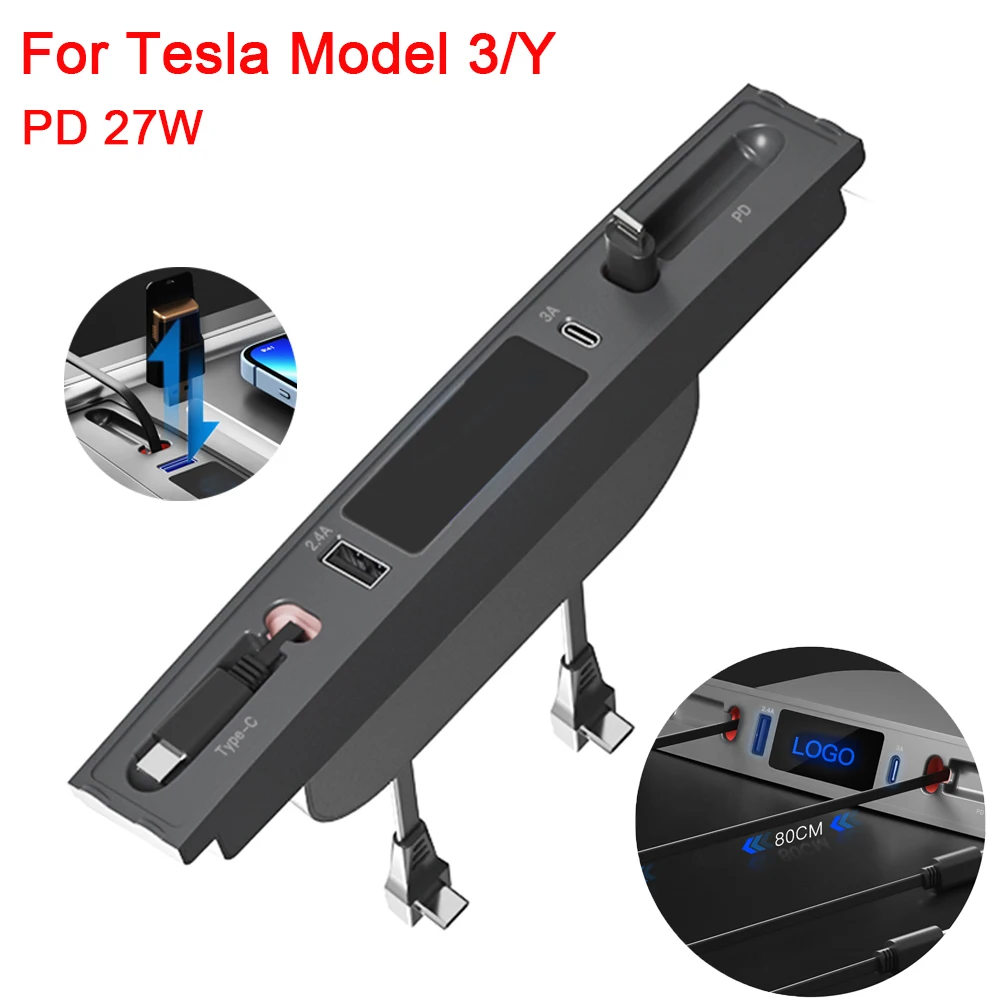 

For Tesla Model 3 Y 2021 2022 Docking Station 27W Quick Charger PD Type C Car Adapter Powered Splitter Extension USB Shunt Hub