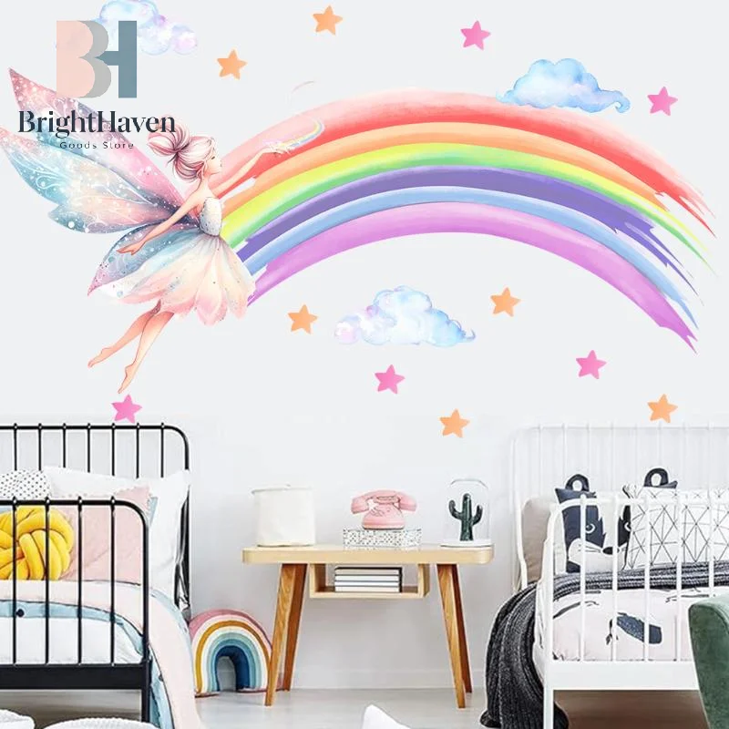 Pegatina de Pared de Arcoíris con Dibujos Animados de Niña Elfa, Pegatina de Pared de Nube y Elfa para Habitación de Niñas, Decoración para Dormitorio Infantil B.H