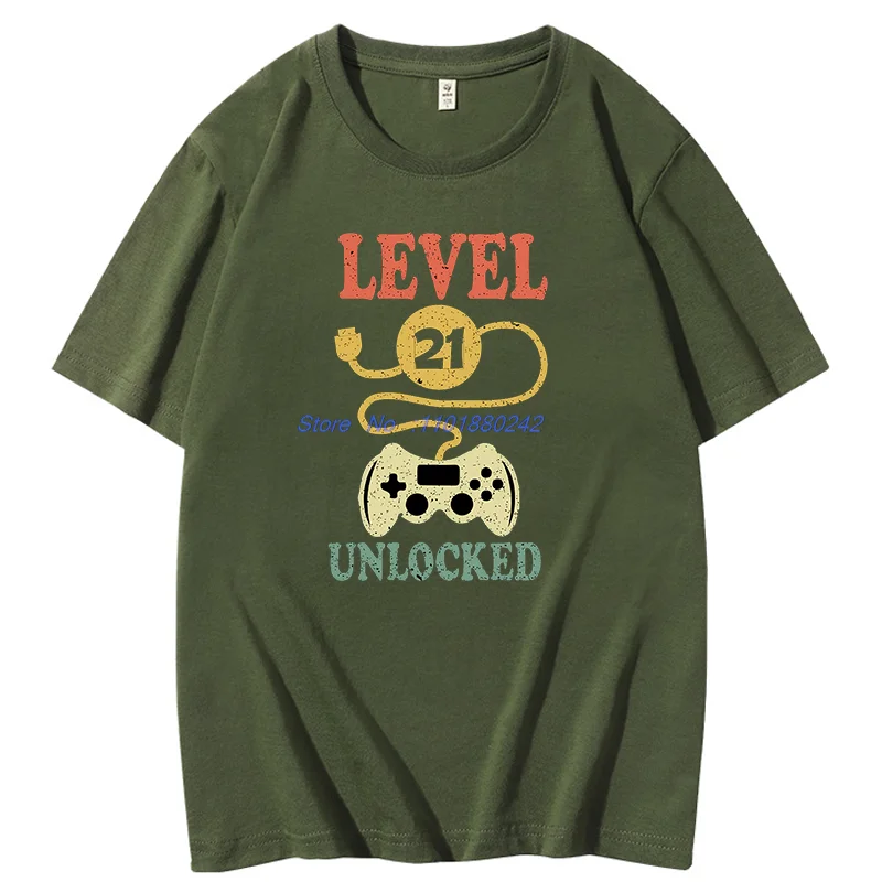 Level 21 Unlocked 21st Birthday Gift For Gamer Summer Casual Tees Tops Cotton New Shirts And T-Shirts Unisex Round Neck T-Shirt