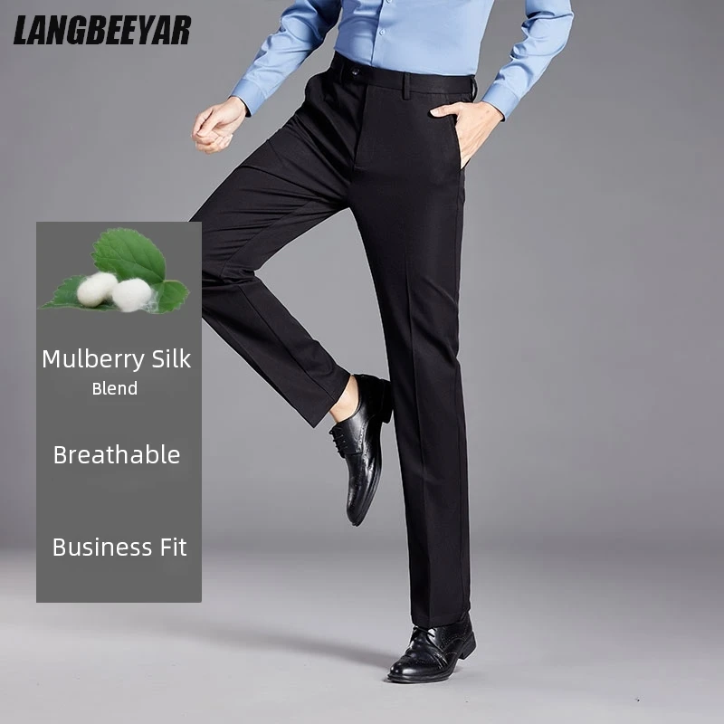 

Top Grade Mulberry Silk New Brand Casual Fashion Regular Fit Men Dress Pants Long Business OfficeTrousers Mens Clothing 2025
