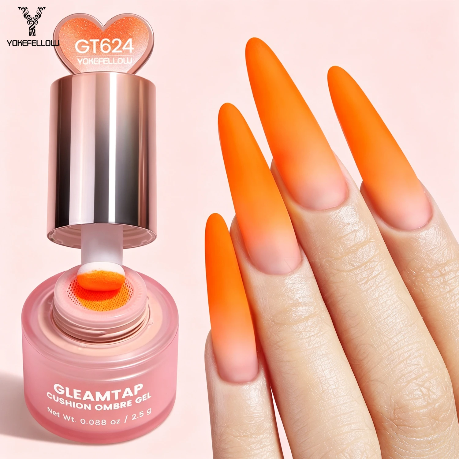 YOKEFELLOW GleamTap Cushion Ombre Painting Gel Sponges Neon Orange Highly Pigmented No Wipe Gradient Pat Pat Gel Polish GT624