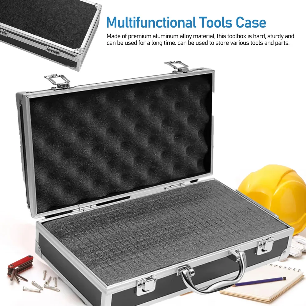 صندوق أدوات متين من الألومنيوم مع أقفال أمان وإسفنجة داخلية واقية خارجية مقاومة للصدمات لتخزين معدات الأدوات