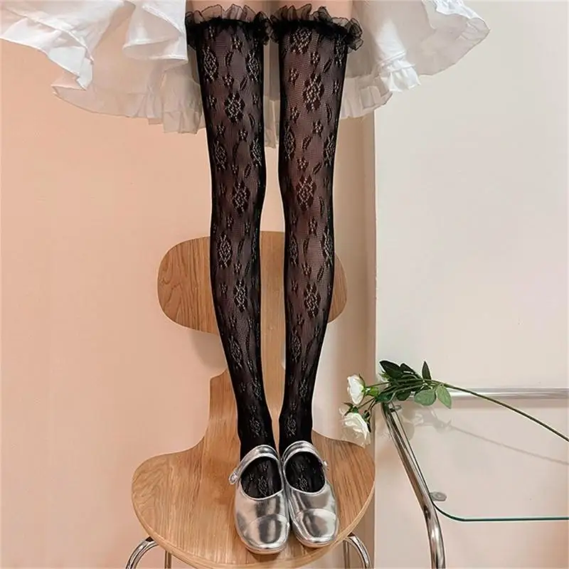 

L5YC Flower Pattern Thigh High Stockings Japanese Aesthetic Elegant Ruffle Lace Trim Over Knee Long Socks for Women