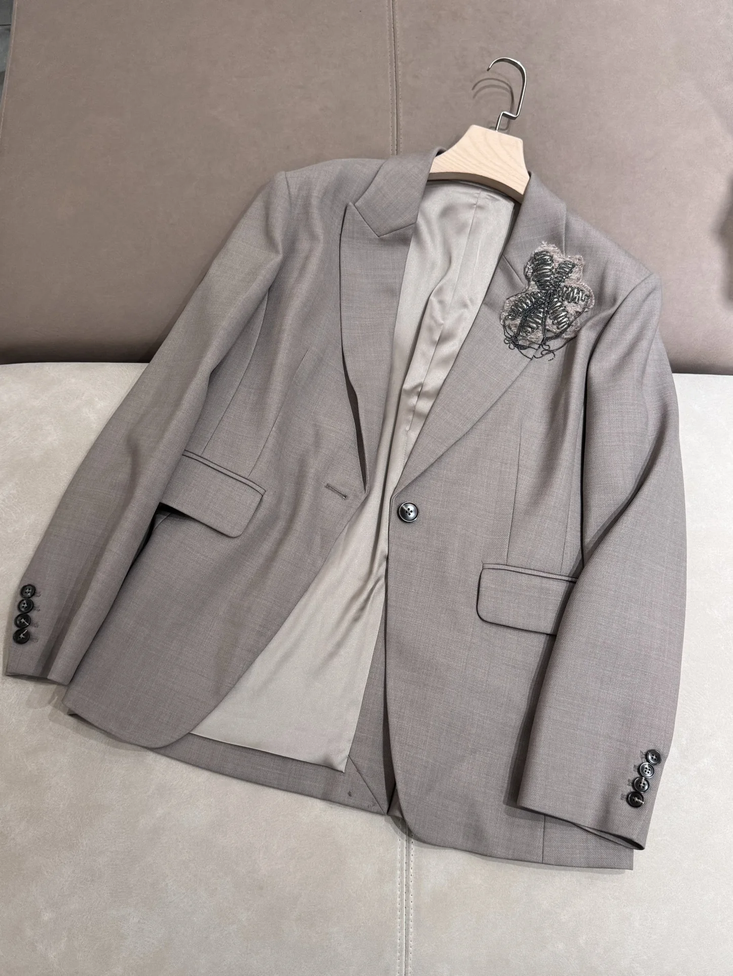 Spring Women's Worsted Wool Blazer Suit Beaded Jacket + High Waist Straight-leg Wide-leg Pants 2-Piece Set