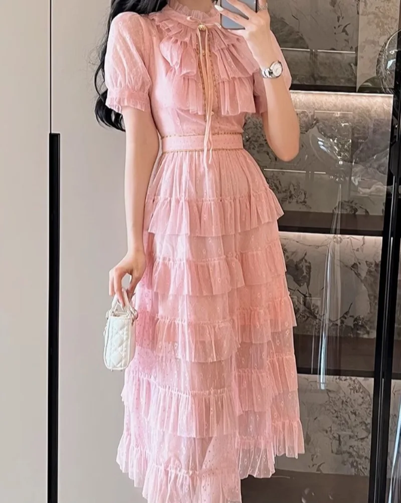 

Apricot Mesh Tiered Ruffles Elegant Dress Women Short Sleeve Streetwear Clothing Lady O-neck Vintage Runway Design Pink Vestidos