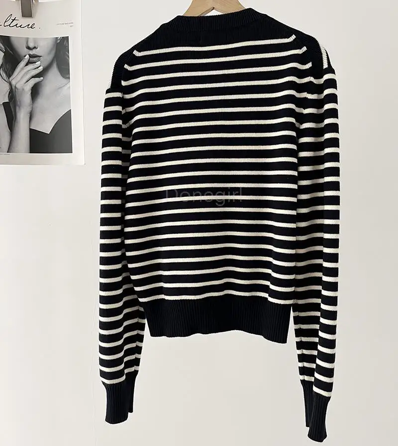 Donegirl 2024 New Spring Women Fashion Round Neck Single-breasted Striped Knitted Sweater Cardigan Commute Short Coat Tops Chic