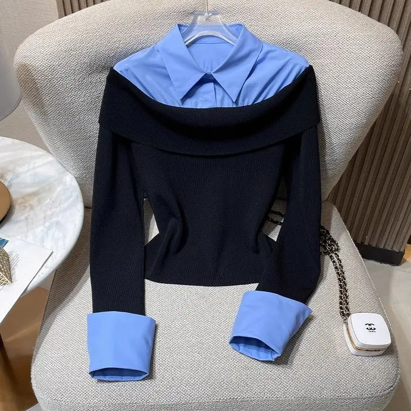High Street Contrast Patchwork Fake Two-piece Tops Spring Autumn Long Sleeve Youth Trend T Shirts Fashion Korean Women Clothing