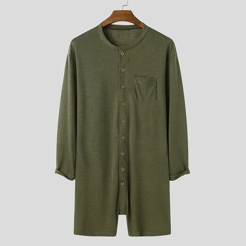 New Men Sexy Pajamas Jumpsuit Solid Color Tight O Neck Long Sleeve T Shirt and Shorts One-piece Button-down Breathable Home Wear