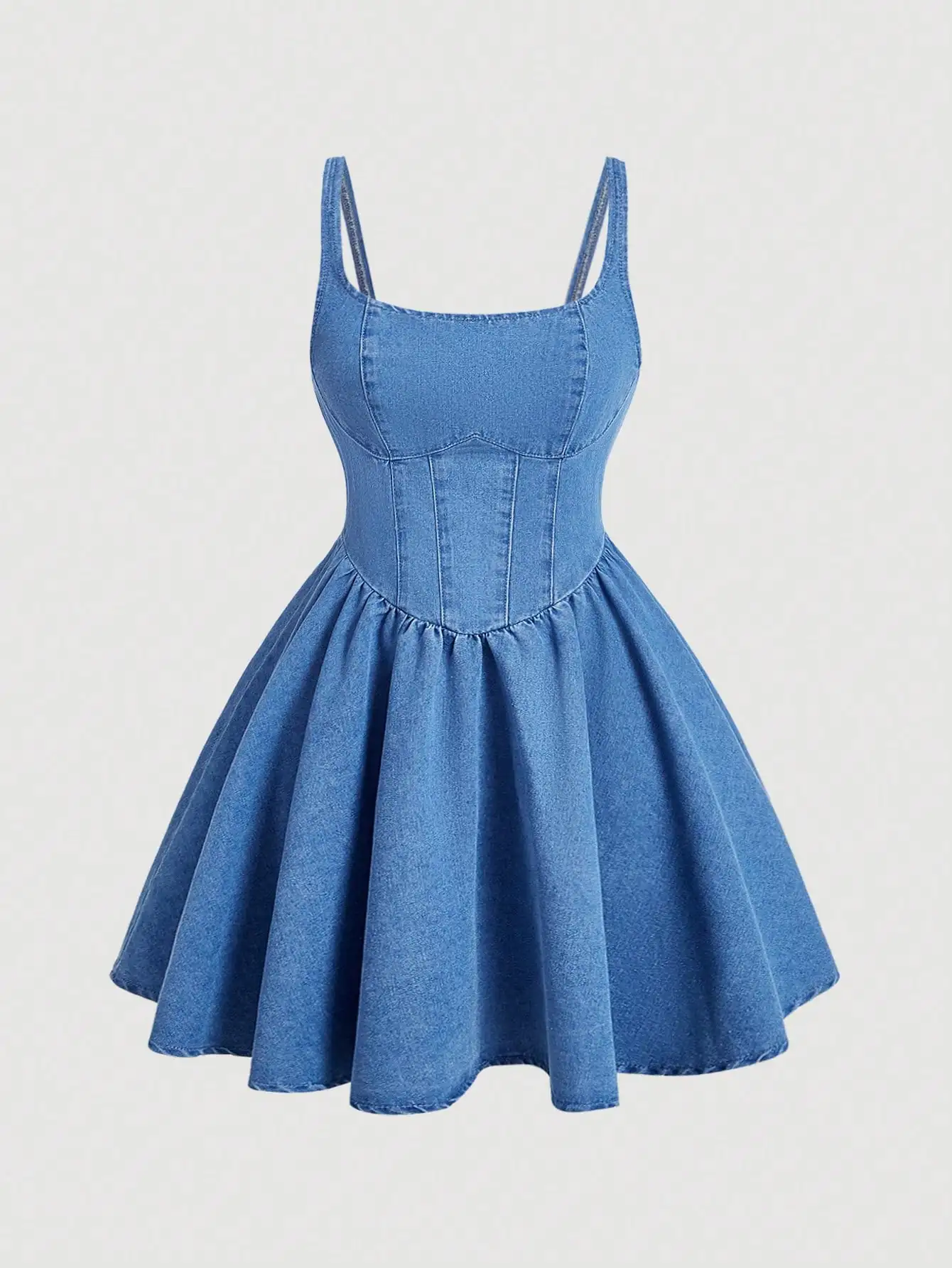 Vintage Jeanskleid mit Fischgrätmuster an der Taille, A-Linien-Rock mit dünnen Trägern und hoher Taille, flauschiges kurzes Kleid im Retro-Stil