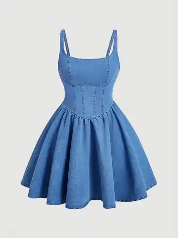 Vintage Fishbone Waist Jeans Dress, Thin Straps High Waist A-Line Skirt, Fluffy Umbrella Short Dress, Retro Style Fashion
