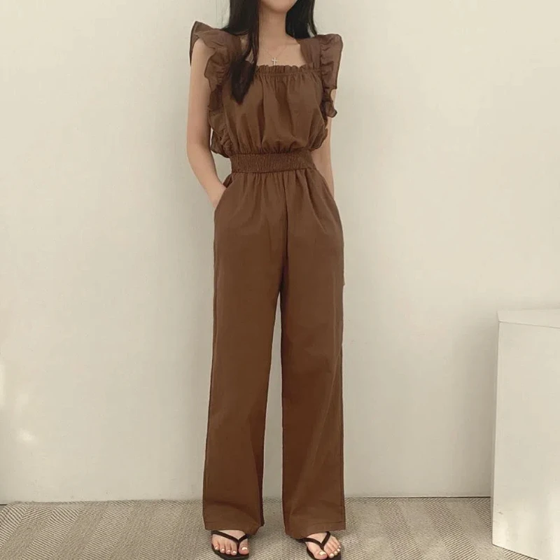 Koreaanse Pendelen 2024 Zomer Damesbroek Effen Kleur Patchwork Elastische Shirring Ruches Vierkante Hals Korte Mouw Slanke Jumpsuits