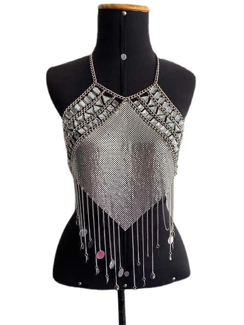 

Silver aluminum Metal Camis For Women Backless Acrylic Beads Metal Chain Tassel Halter Necklace Women Summer party Body Chain