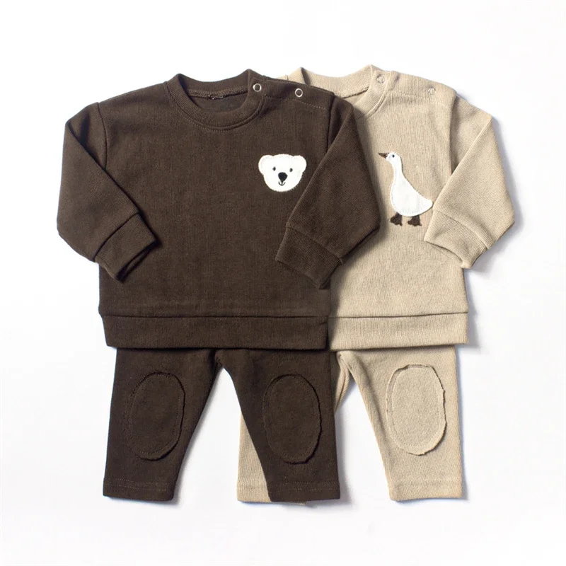 Cotton Boys Girls Sweat Suit Bear Goose Embroidery Kids Casual Tracksuit Hoodie Pants 2pcs Sets Patchwork Long Sleeve